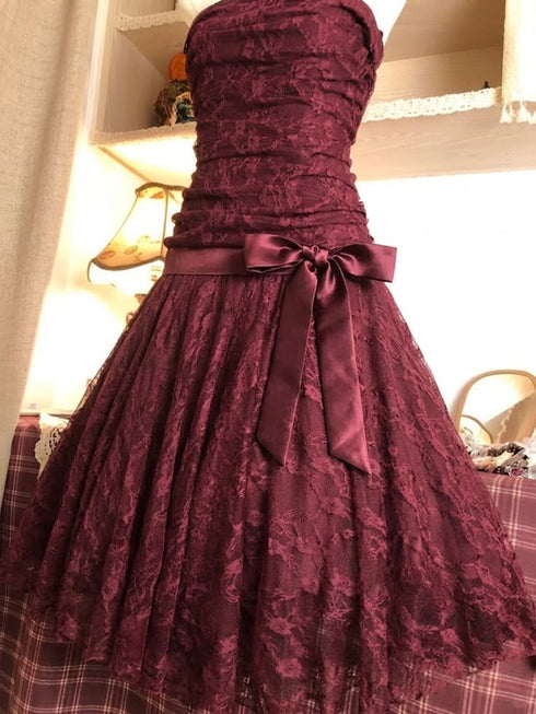 Wine Red Ruched Lace A-Line Formal Dress with Ribbon Bow, Wine Red Short Party Dress