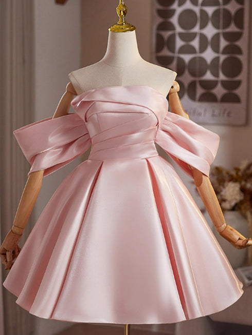A-line Pink Satin Short Sleeves Homecoming Dress, Pink Satin Short Prom Dress