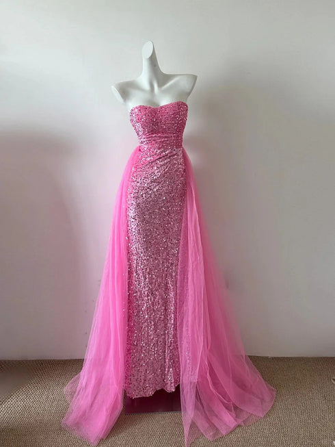 Hot Pink Sequins and Tulle Strapless Long Party Dress, Pink Aline Prom Dress Evening Dress