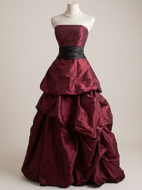 Wine Red Strapless Tiered Taffeta Evening Dress Party Dress, Wine Red Ball Gown Prom Dress
