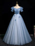 Blue A-Line Tulle Off Shoulder Beaded Sweetheart Party Dress, Long Blue Prom Dress
