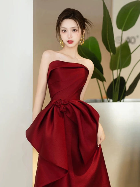 Wine Red Strapless A-line Satin Floor Length Party Dress, Wine Red Satin Evening Dress