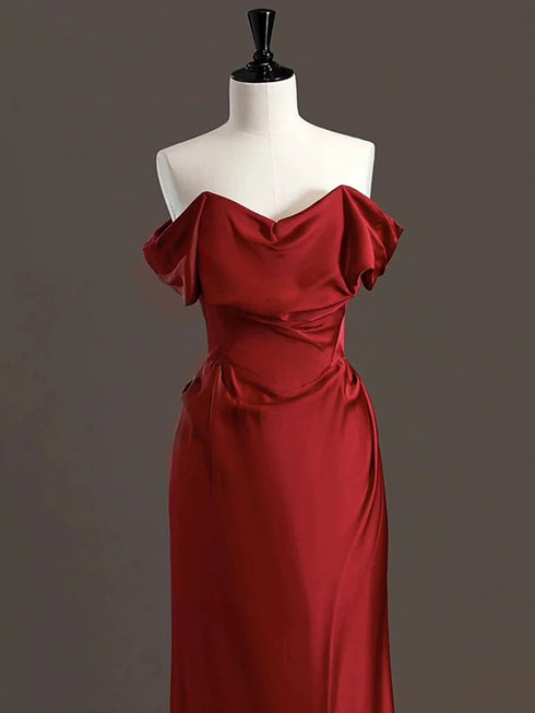Wine Red Satin Off Shoulder Simple Floor Length Prom Dress, Wine Red Chic Long Party Dress