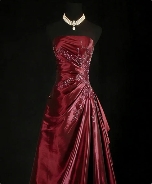 A-line Wine Red Taffeta Beaded Strapless Homecoming Dress, Wine Red Knee Length Short Prom Dress