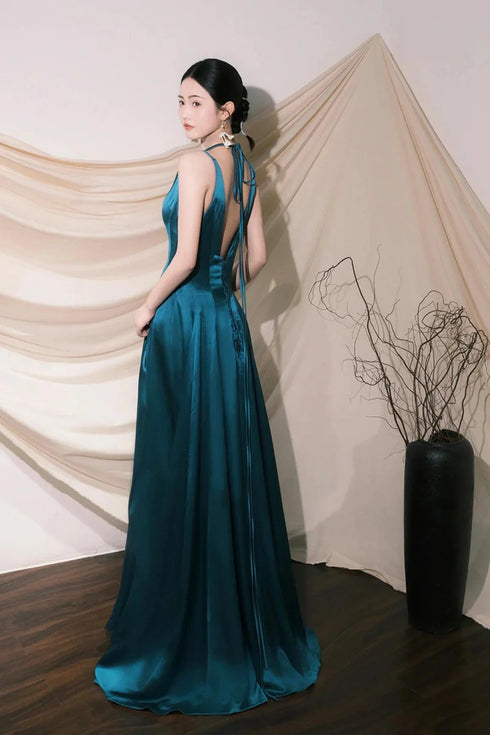 Blue Satin Halter A-line Low Back Floor Length Party Dress, Teal Blue Evening Dress Prom Dress