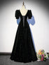 A-line Black Shiny Velvet Short Sleeves Prom Dress, Black Bridesmaid Dress
