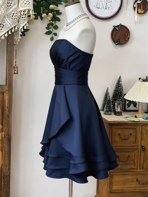 Navy Blue Strapless Pleated Satin Tiered Mini Party Dress, Navy Blue Homecoming Dress