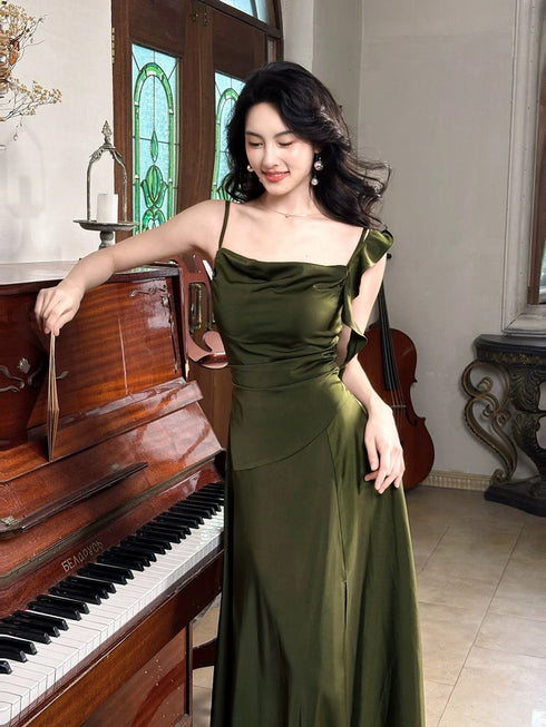 A-line Green Soft Satin Simple Style Prom Dress, Green Floor Length Evening Dress
