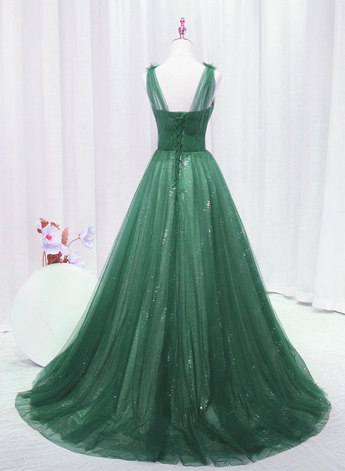 A-line Green Sweetheart Beaded Tulle Prom Dress, Green Tulle Long Evening Dress