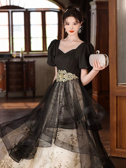 Black A-line Short Sleeves Tulle Long Party Dress, Black Prom Dress Evening Dress