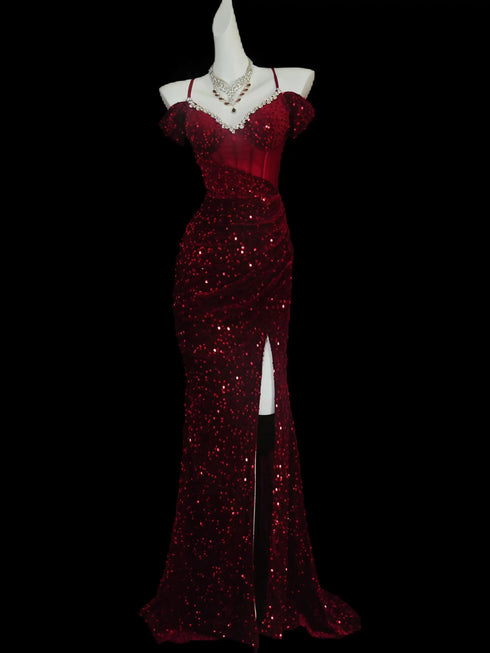 Wine Red Sequins Velvet Mermaid Beaded Prom Dress, Off Shoulder Sweetheart Evening Dress