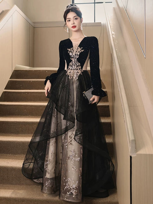A-line Black Tulle with Lace Applique Party Dress, Black Velvet Long Sleeves Prom Dress