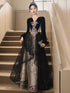 A-line Black Tulle with Lace Applique Party Dress, Black Velvet Long Sleeves Prom Dress