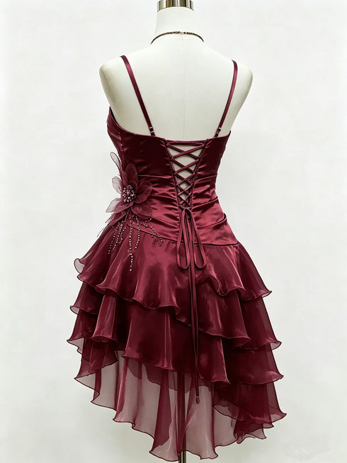 Wine Red Ruched Spaghetti Strap High-Low Cocktail Party Dress, Wine Red Floral Homecoming Dress