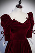 Wine Red Velvet A-line Short Sleeves Wedding Party Dress, Wine Red Prom Dress