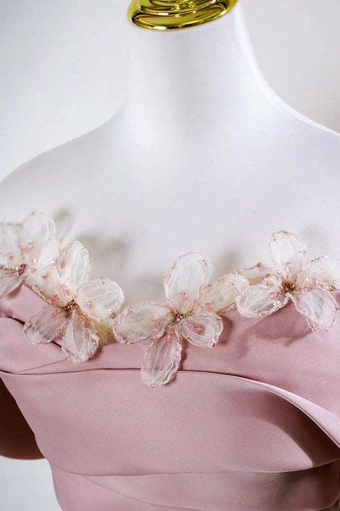 Beautiful Pink Satin and Lace Off Shoulder Formal Dress, A-line Pink Long Prom Dress