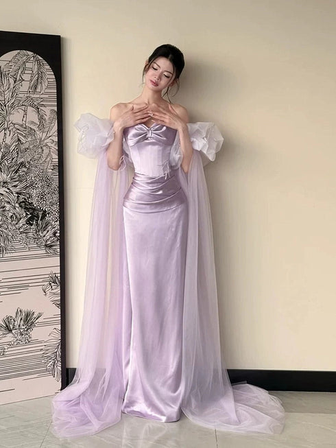 Light Purple Satin Sweetheart Chic Long Evening Dress, Light Purple Long Prom Dress