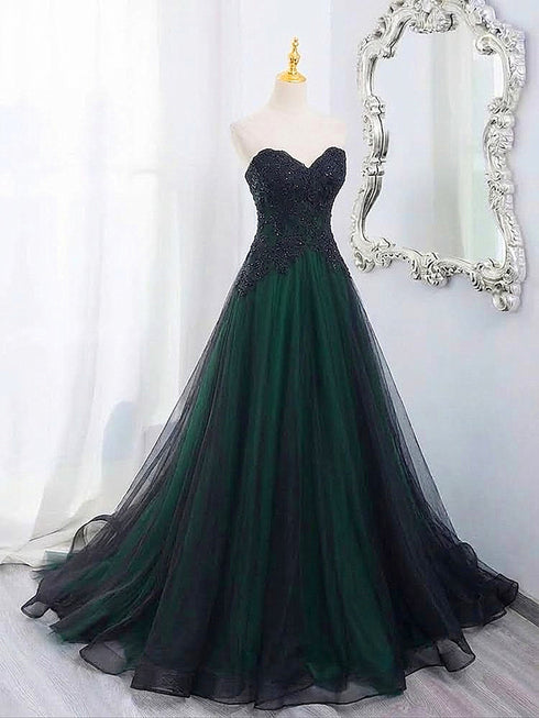 Elegant Black and Green Sweetheart Long Party Dress, Gothic A-line Tulle with Lace Prom Dress