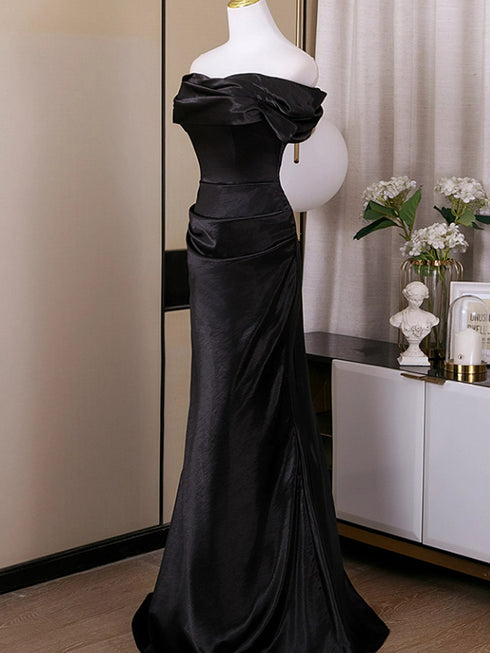 Black Satin Sweetheart Mermaid Floor Length Prom Dress, Black Satin Off Shoulder Evening Dress