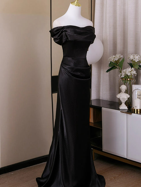 Black Satin Sweetheart Mermaid Floor Length Prom Dress, Black Satin Off Shoulder Evening Dress