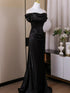 Black Satin Sweetheart Mermaid Floor Length Prom Dress, Black Satin Off Shoulder Evening Dress