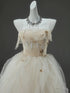 Ivory Tulle Scoop Long Prom Dress with Flowers, Ivory Tulle A-line Party Dress Evening Dress