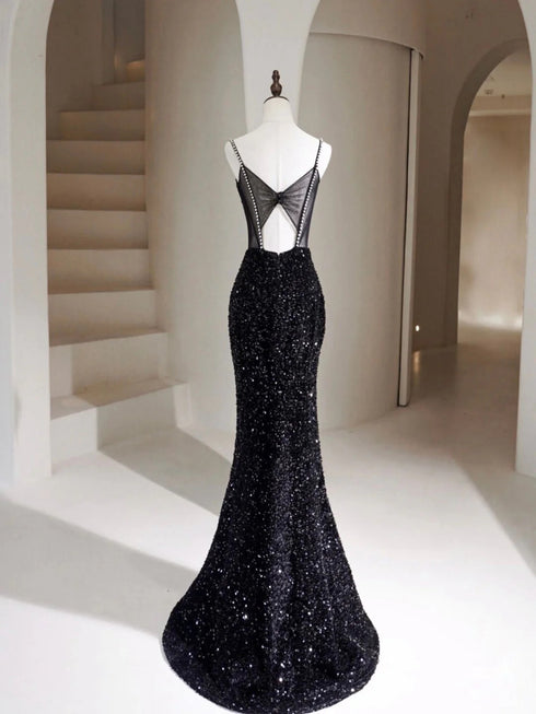 Black Sequins Mermaid Straps Floor Length Prom Dress, Black Sequins Evening Dress Party Dress
