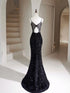 Black Sequins Mermaid Straps Floor Length Prom Dress, Black Sequins Evening Dress Party Dress