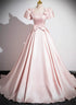Pink Long Satin Short Sleeves Party Dress, Pink Satin Prom Dress Evening Dress