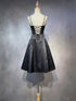 Gothic Black Embroidered Satin Short Party Dress, Black Spaghetti Straps Homecoming Dress
