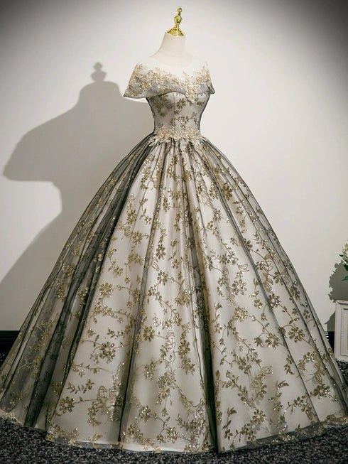 A-line Round Neckline Floral Lace And Tulle Party Dress, Lace Applique Long Sweet 16 Dress