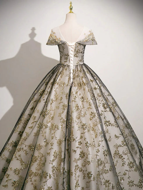 A-line Round Neckline Floral Lace And Tulle Party Dress, Lace Applique Long Sweet 16 Dress