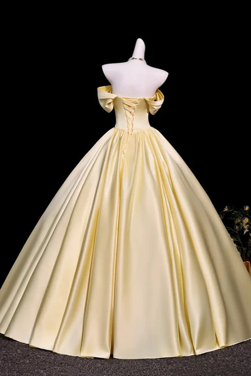 Light Yellow Beaded Sweetheart Off Shoulder Party Dress, Light Yellow Long Formal Dress