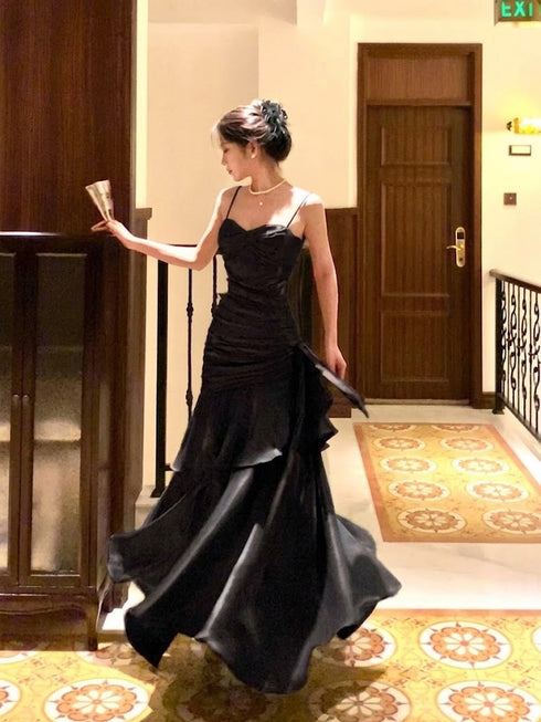 Black Satin Straps Layers Floor Length Prom Dress, Black Sweetheart Long Evening Dress Formal Dress