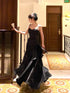 Black Satin Straps Layers Floor Length Prom Dress, Black Sweetheart Long Evening Dress Formal Dress