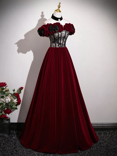 Wine Red Velvet Off Shoulder Long Prom Dress, A-line Beaded Sweetheart Evening Dress Party Dress