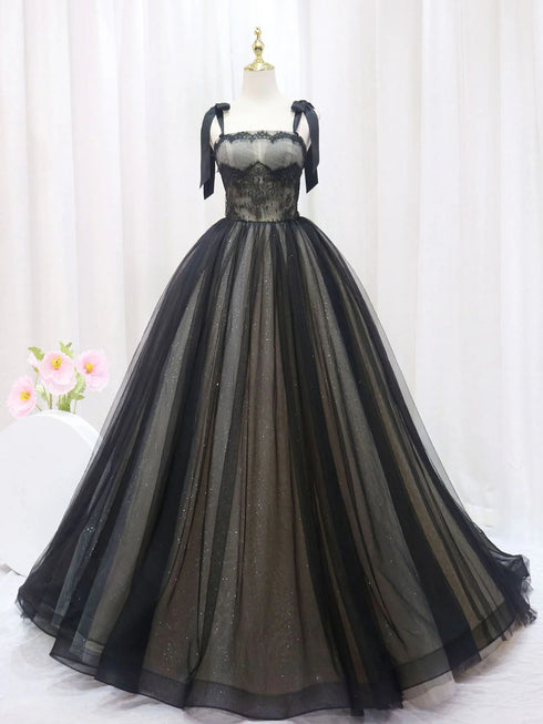 Black and Champagne Tulle Straps with Lace Party Dress, A-line Tulle Long Prom Dress