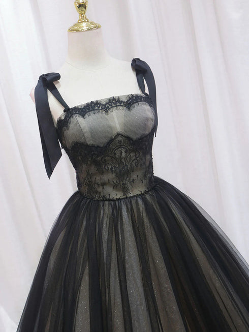 Black and Champagne Tulle Straps with Lace Party Dress, A-line Tulle Long Prom Dress