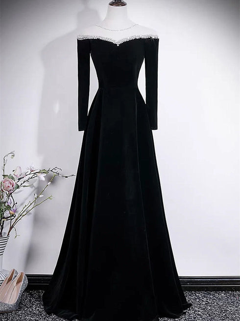 A-line Black Velvet Long Sleeves Beaded Prom Dress, Black Round Neckline Party Dress