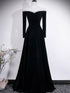 A-line Black Velvet Long Sleeves Beaded Prom Dress, Black Round Neckline Party Dress