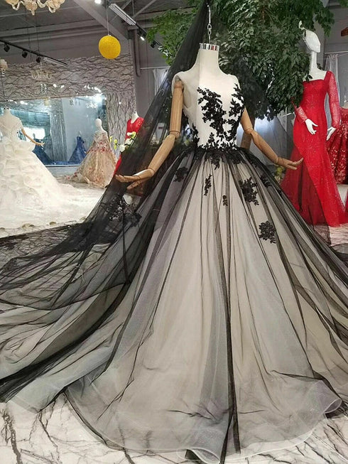 Black and Champagne Tulle A-line Party Dress, Tulle with Lace Applique V-neckline Long Formal Dress