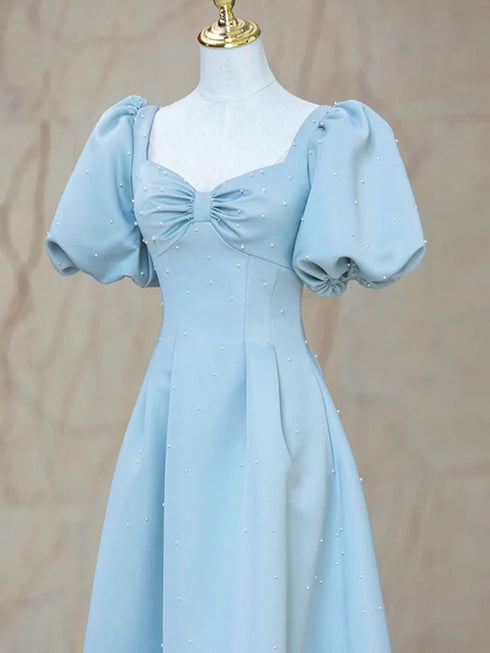 Blue Satin Pearls Short Sleeves Long Prom Dress, A-Line Blue Wedding Party Dress