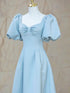 Blue Satin Pearls Short Sleeves Long Prom Dress, A-Line Blue Wedding Party Dress