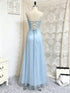 A-line Light Blue Straps Square Neck Long Party Dress Prom Dress, Light Blue Low Back Evening Dress