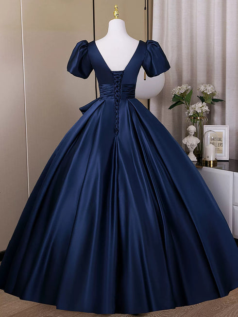 A-line Navy Blue Satin Short Sleeves Sweetheart Party Dress, Navy Blue Satin Prom Dress