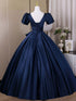 A-line Navy Blue Satin Short Sleeves Sweetheart Party Dress, Navy Blue Satin Prom Dress