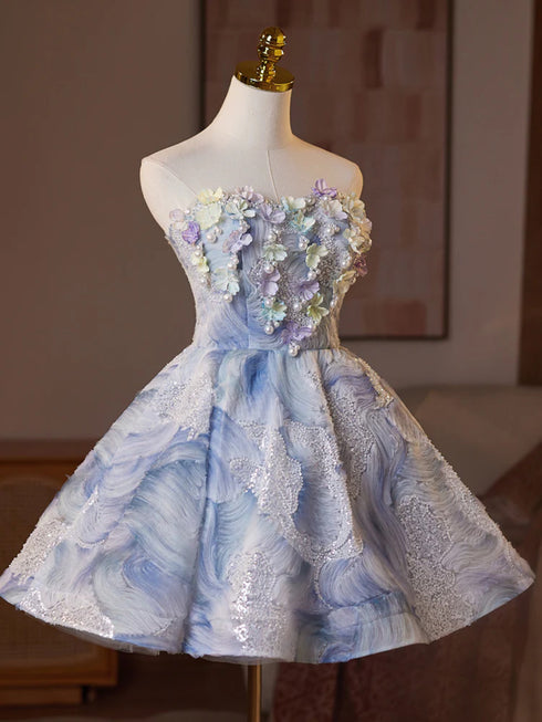 Light Blue Floral Strapless Knee Length Party Dress, Light Blue Beaded Homecoming Dress