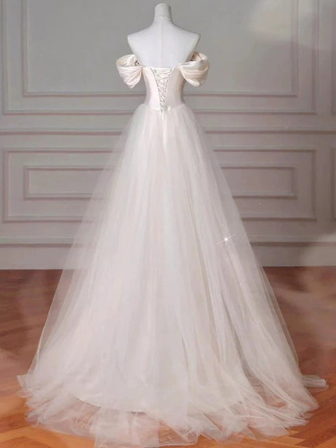 Ivory Satin and Tulle Beaded Off Shoulder Long ProM Dress, Ivory Satin Long Evening Gown