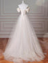 Ivory Satin and Tulle Beaded Off Shoulder Long ProM Dress, Ivory Satin Long Evening Gown