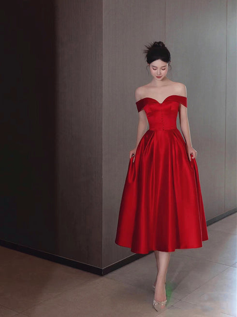 Red Sweetheart Off Shoulder Tea Length Formal Dress, Red Satin Formal Dress Homecoming Dress